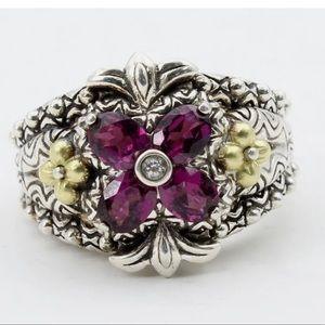Barbara Bixby Sterling Silver 18K Yellow Gold Purple Floral RhodoliteGarnet Ring